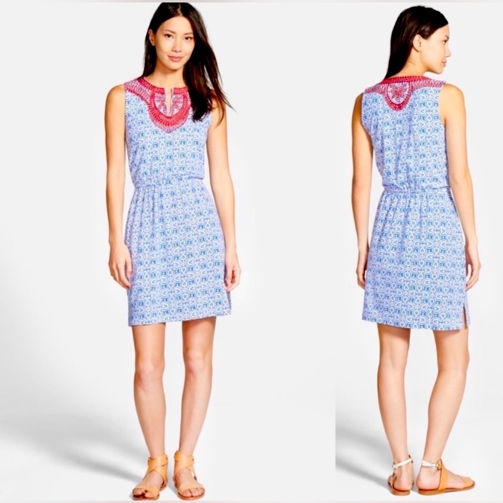 Vineyard Vines Blue White Tile Print Red Embroidered Trim Casual Dress